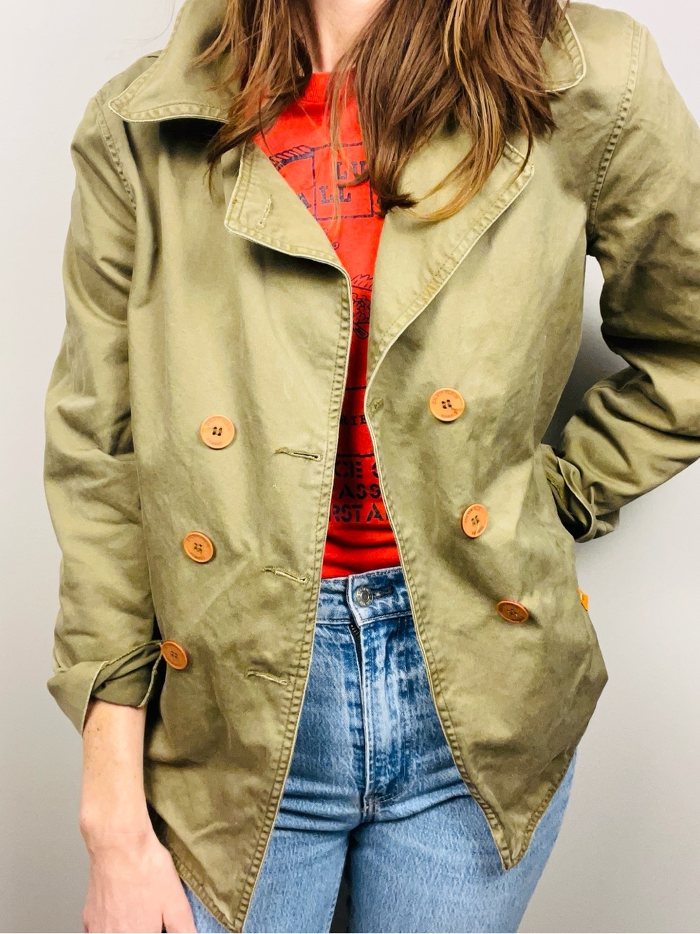 Vintage Calvin Klein Army Green Double-Breasted Pea Coat – 100% Cotton – Large